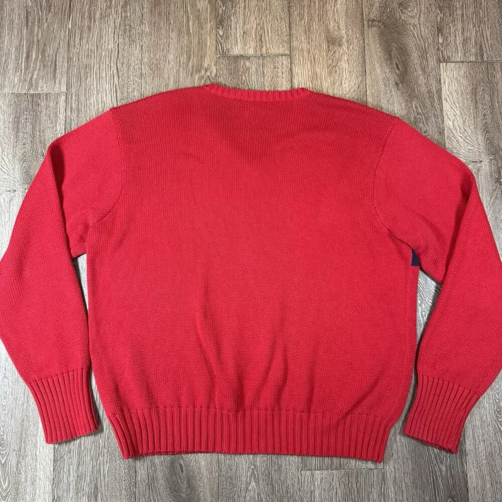 Vintage 80s Polo Ralph Lauren V Neck Cotton Sweater Striped Red Blue Men's XXL